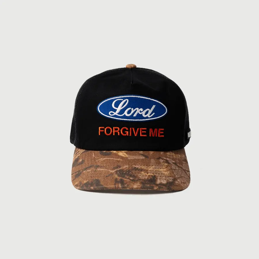 AUG11 Lord Forgive Me Camo/Blk (Unstructured Mesh Trucker)