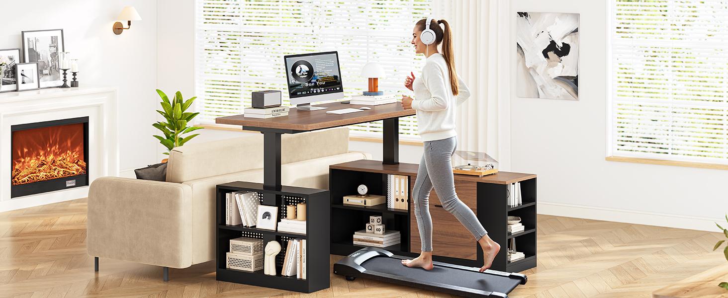 53" Electric Standing Desk with Drawers & Power Outlets, Electric Height Adjustable Executive Desk with File Drawers & Storage Shelves, Sit Stand Corner Computer Desk with Pegboard, 6 Hooks, Home Office Desk, Black & Walnut