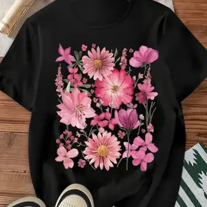 Pink Flower Print Loose Sporty Cute Elegant Stretch Home Casual Crewneck Short Sleeve Top: Cotton material, gentle pink flower print, breathable stretch, suitable for multiple scenarios;