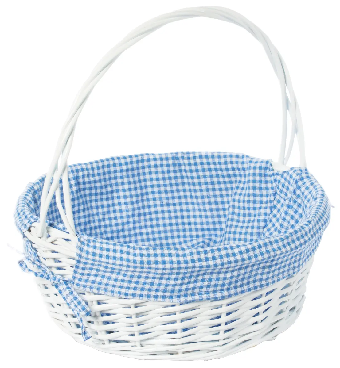 Vintiquewise QI003820BL.L Large Round Rustic Wicker Gift Basket - 15.5"x16.75", 2 lbs, Blue Decorative Gingham Liner, Handle, Indoor White Home Organizer for Kitchen Baking Storage
