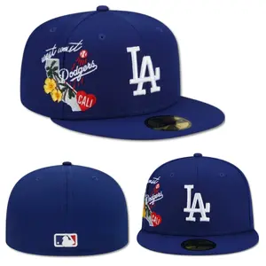 New Era 59FIFTY Los Angeles Dodgers Fitted Baseball Cap – Royal Blue Flat Brim Hat with White LA Logo and California Floral Side Embroidery