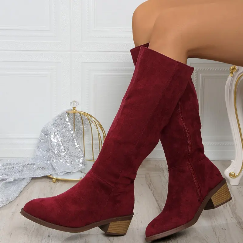 Women's Fashionable Solid Color Side Zipper, 2024 New Style Casual Comfortable Knee Boots with the Heels for Daily Wear, Female All-match Trendy Shoes for Daily Wear, Footwear