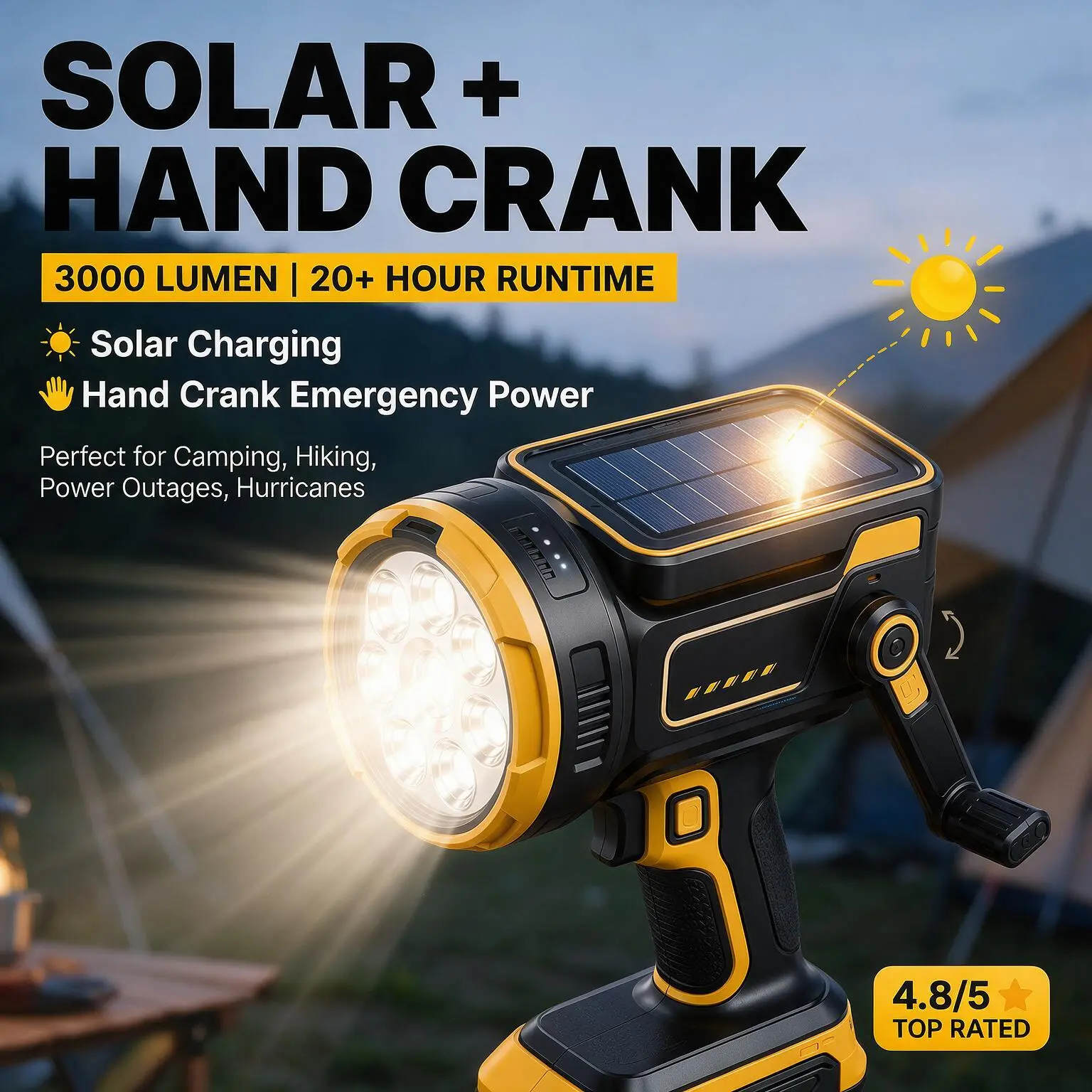 Hand Crank Solar Flashlight, 2000 Lumen Rechargeable Emergency Flashlight with 3000mAh Battery, 4 Light Modes, Type-C & Solar & Hand Crank Charging, 2 Pack for Camping Hiking Power Outage