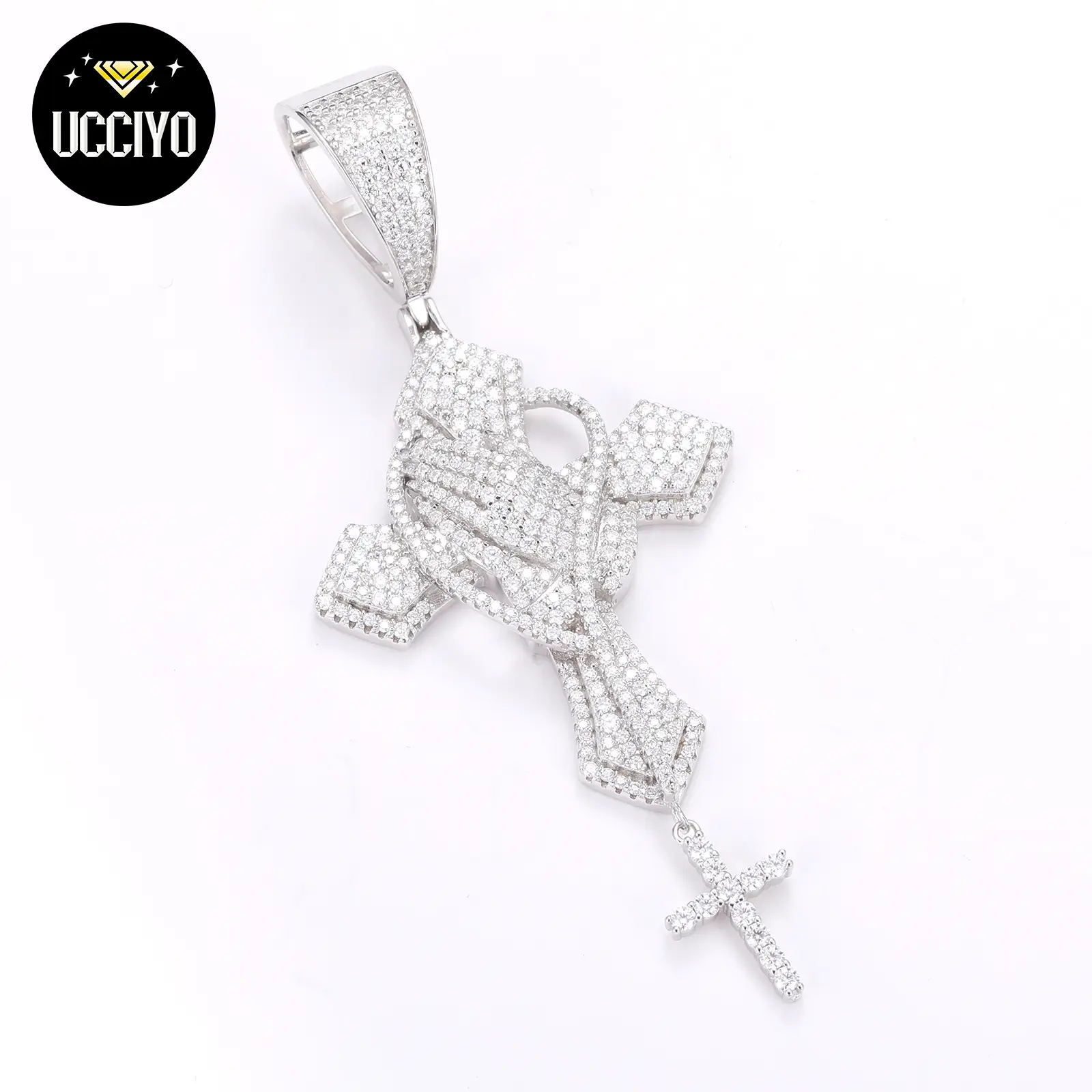 【#P277】UCCIYO Hip Hop Bling D Color Synthetic Moissanite Iced Out Praying Hands Cross Necklaces & Pendants For Men Jewelry 925 Sterling Silver Gifts