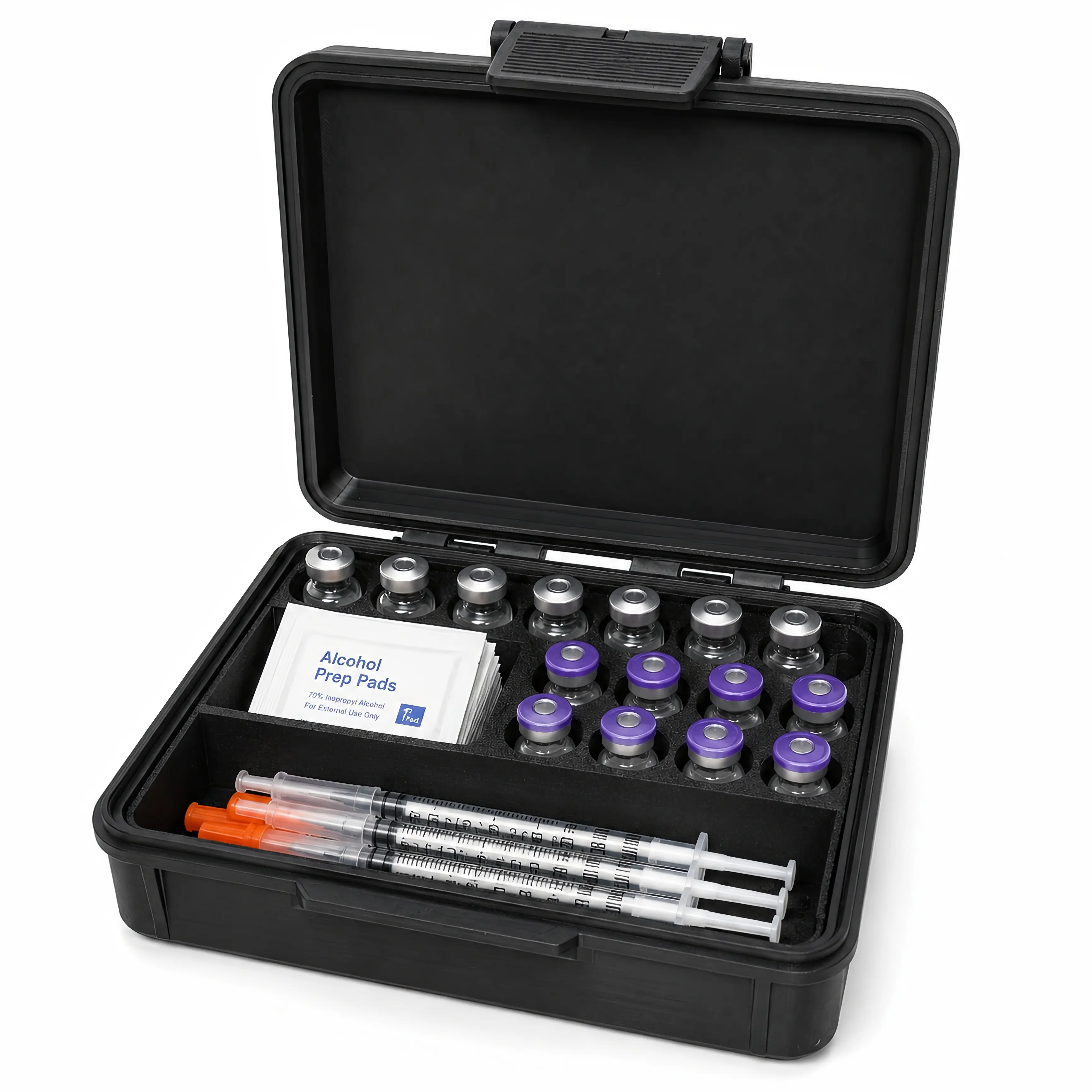 CO3DPRINT 14-Slot Vial and Syringe Organizer Case, Holds 8 x 3 mL and 6 x 10 mL Vials, Hard Storage Case with Accessory Compartments, Case Only