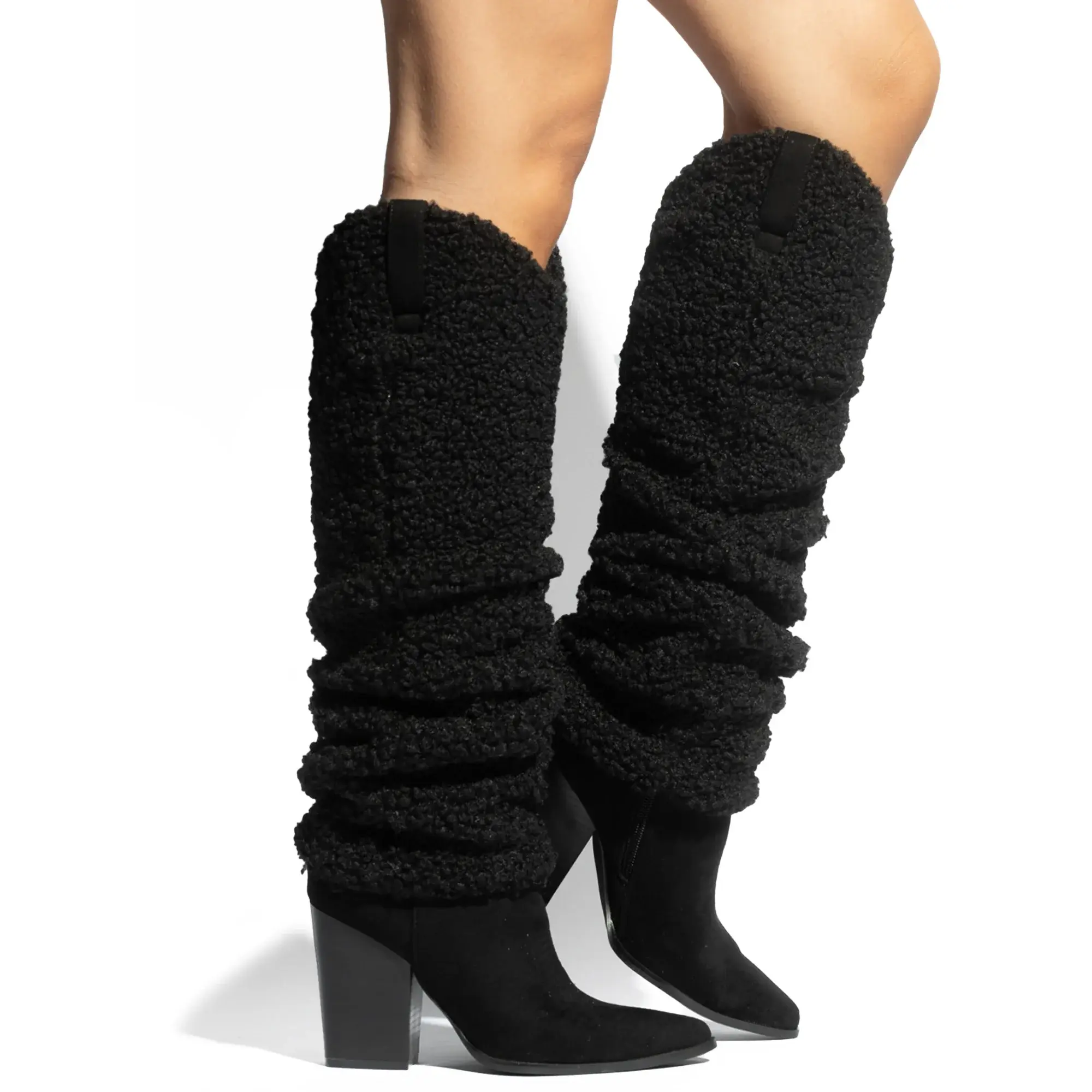 Amber - Black - Pointed toe foldover western knee boot
