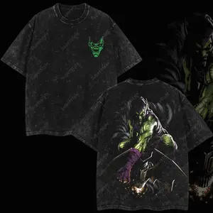 Superstyle Green Goblin Norman Osborn - Spidey Man Villain MCU Comic Edition Double Printed Oversize Lightweight Acid Washed Tee TV Series Graphic Design Top Cotton Streetwear Comic Superheroes T-Shirt Clothes Menswear Womenswear R8F LG4