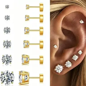 18K Gold-Plated Cubic Zirconia Stud Earrings with 925 Silver Post, Flat Back Earrings for Multiple Piercings, 3mm/4mm/5mm/6mm/7mm/8mm