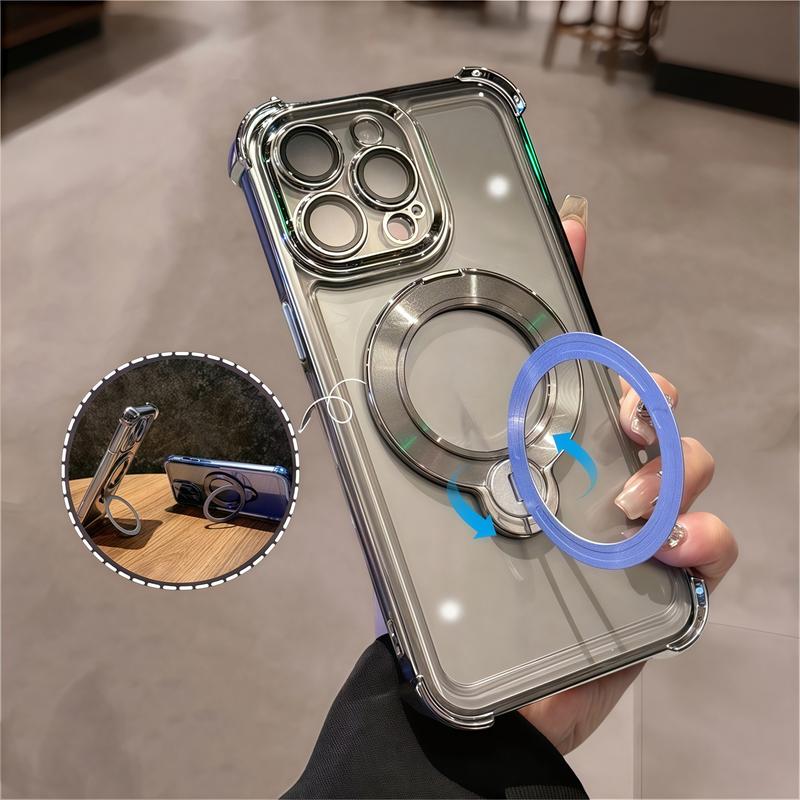 360-Degree Rotatable Plated Magnetic Head Phone Case, Silicone Soft TPU Shockproof Plastic Cover for iPhone 16 Pro Max,15,14,13 - Smartphone Protection Accessory, Iphone14