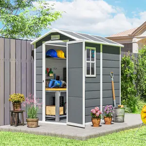 6' x 4' Outdoor Storage Shed Gray Plastic with Floor Window Lockable Door Vents for Patio Garden Tools Lawn Care Equipment Pool Supplies Secure Waterproof Metal & Plastic Construction