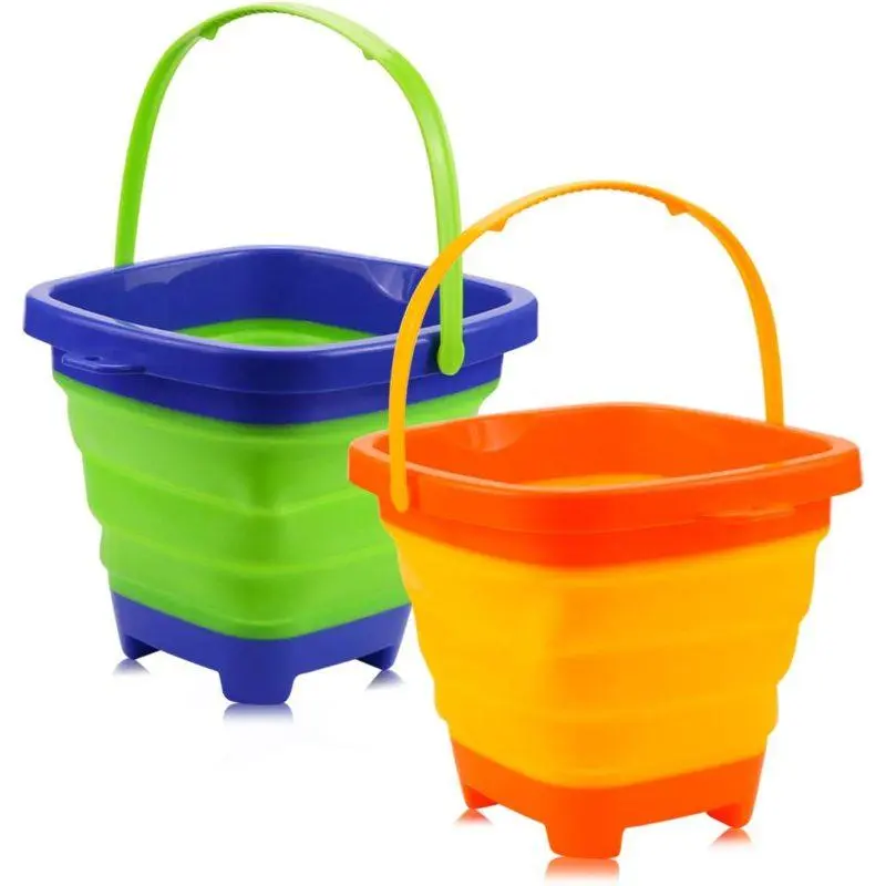 2 Pack 2L Square Foldable Buckets, Foldable Pail Buckets Sand Buckets, Collapsible Bucket Kids Beach and Food Jug, Dog Bowls(Yellow and Greeen)
