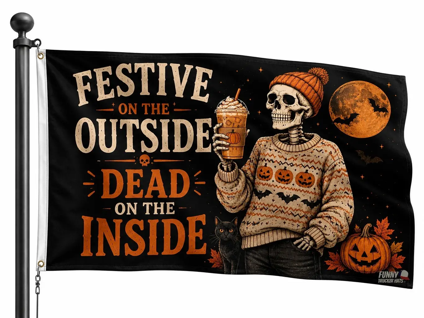 Festive On The Outside Dead On The Inside Halloween Flag 3x5 Funny Skeleton Flag Spooky Fall Decor Pumpkin Coffee Flag Porch Decor Outdoor Flag Autumn Decor Halloween Party Decoration