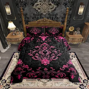 Black Hot Pink Gothic Comforter Set King Size,Vintage Boho Damask Floral Comforter,Bohemian Goth Bedding Set for Girls Teen Victorian Baroque Flower Bed Set 3 Pcs