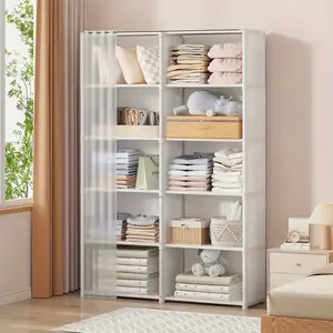 A 5-layer multi-functional metal wardrobe, a dust-proof storage cabinet with a transparent door curtain, tool-free installation, space-saving design, suitable for living rooms, bedrooms, offices, dormitories, cloakrooms, etc. Storage Furniture