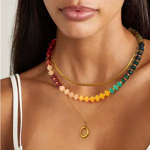 Ladies' new necklace - high-end round pendant handmade string natural stone triple layered necklace with stainless steel material accessories, exquisite gift, perfect for giving to family and friends as gifts