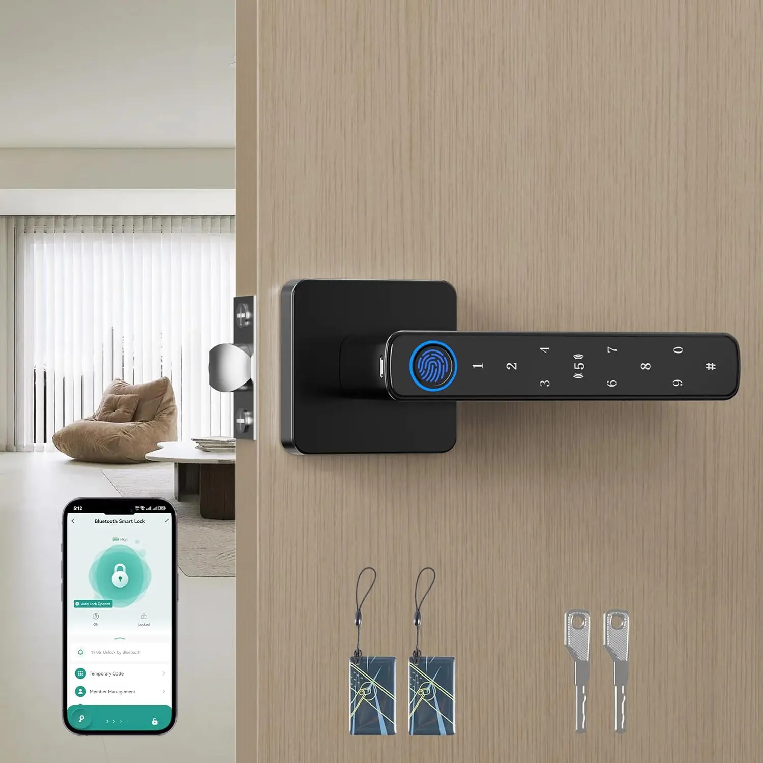 Biometric Smart Door Knob Lock - Fingerprint, App, Code, IC Card, Backup Key Entry Options, Office, Bedroom, Front Door Use