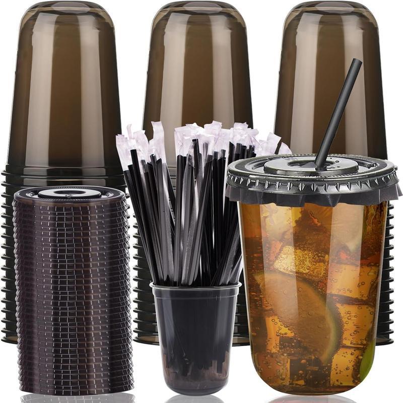 100 Set 16oz（500ml） Black Clear Plastic Cups with Lids & Straws for Iced Coffee Slushie Smoothie Lemonade Party Coffee Shop Supplies Round Bottom To-Go Cups for Cold Drinks