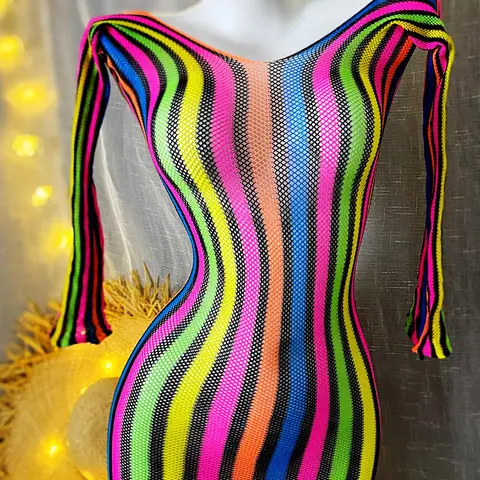 Women's Rainbow Stripe Print Hollow Out Cover Up Dress, Casual Long Sleeve Bodycon Dress for Beach Holiday Vacation, Ladies Swimwear for All Seasons, Swimsuit Cover Ups, Beach Coverups, Beachwear Cover Up, Summer Coverup