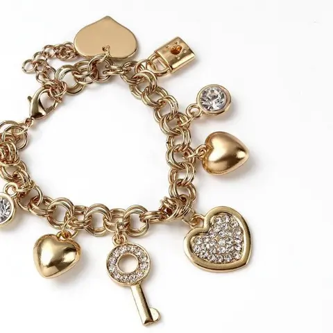 Chic Gold Dangle Bangle with Crystal Accents & Heart Charms, Gold-Plated Adjustable Chain for Women, Ideal Party Wear & Birthday Gift, Bracelets For Women, Gold Dangle Bracelets & Bangles