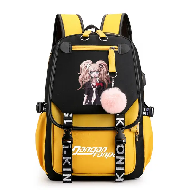 Anime Danganronpa Character Printed Backpack with Pom Pom Pendant, Color Block Strap Design Daypack, Large Capacity Casual Rucksack for School Weekend Trip