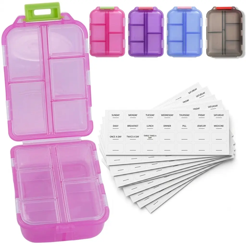 Lightweight 10-Compartment Portable Pill Organizer with Date Label Stickers, Colorful Transparent 7-Day Home Storage Pill Box for Medication, Vitamins & Supplements Planning