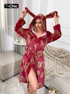 Autumn and Winter Women's Full body Cartoon Yak Pattern Printed Plush Robe Long Sleeve Soft Comfortable Pockets on Both Sides Belt One Piece Rabbit Ear Hoodie, Loungewear, Suitable for Leisure Home Sleeping Robe Bathrobe