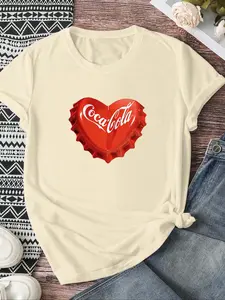 Coca-Cola Cap Geometric Print Women's Short Sleeve Casual Style, Fitted Regular Fit, All Seasons, New Arrival