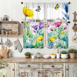 3pcs Kitchen Curtains with Colorful Floral and Butterfly Patterns |   Designed for Rod Pocket Hanging, Modern Art Print, Light-filtering Polyester, Excludes Rod, Available in Multiple Sizes