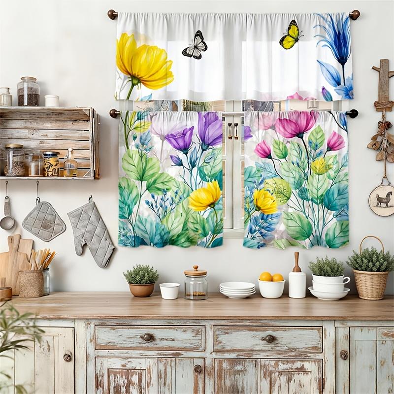 3pcs Kitchen Curtains with Colorful Floral and Butterfly Patterns |   Designed for Rod Pocket Hanging, Modern Art Print, Light-filtering Polyester, Excludes Rod, Available in Multiple Sizes