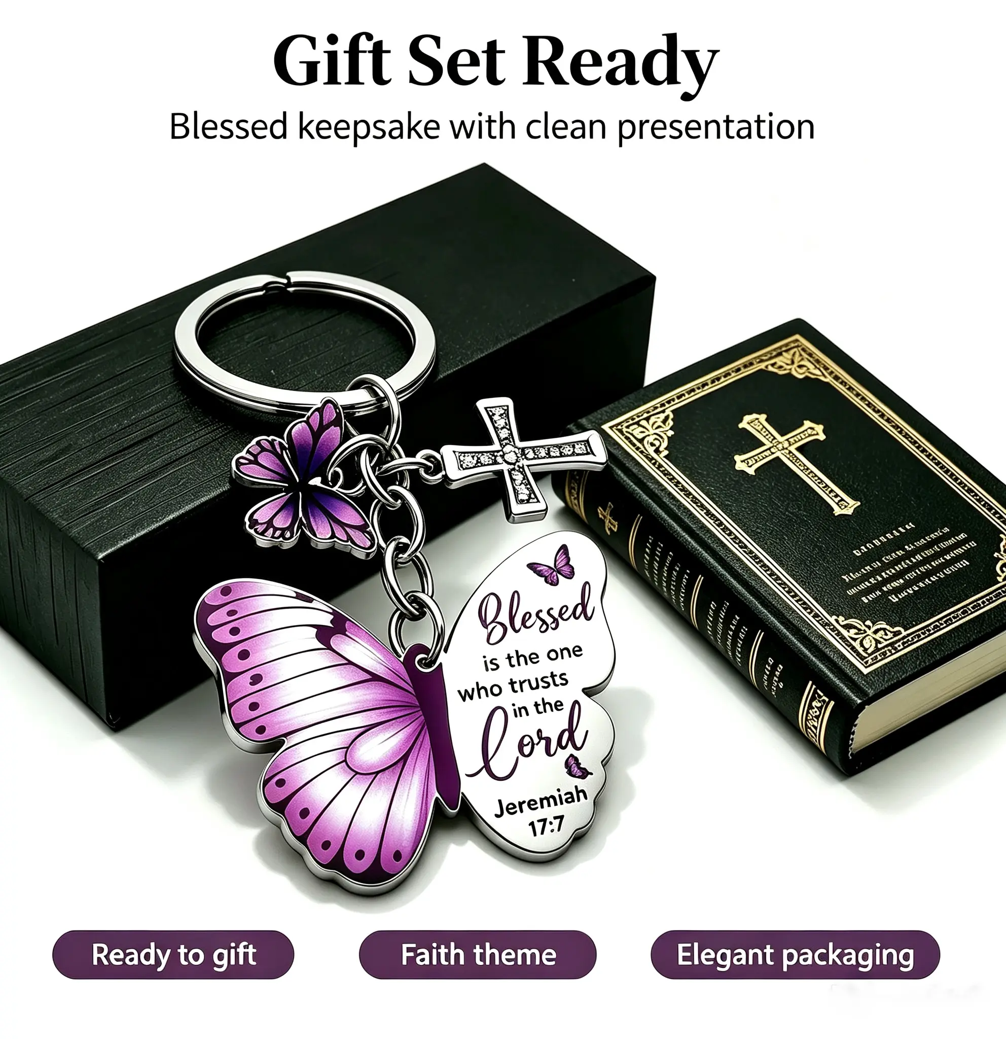 Purple Butterfly Christian Keychain - Bible Verse Cross Embellished Charm, Religious Inspirational Gift for Women, Animal-Inspired Butterfly Princess Fashion Keychain Accessories, Butterfly Princess Keychains