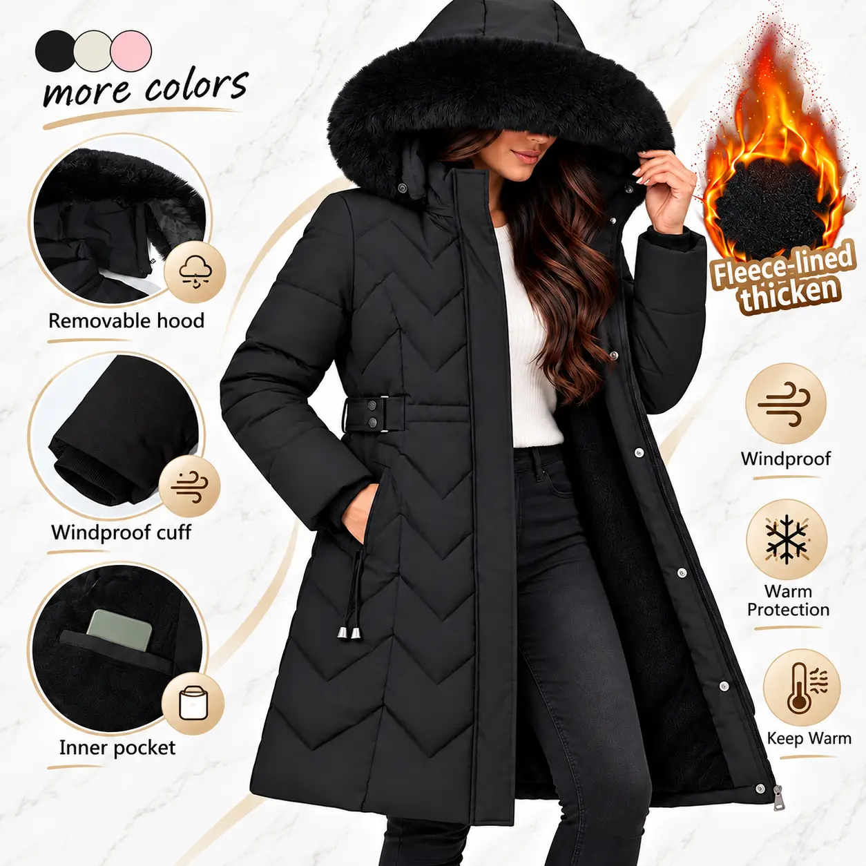 Women’s Thick Fleece Long-Sleeve Long Coat - Womenswear, Everyday Warm Outerwear with Plush Lining, Detachable Hood, Contractible Cuffs, Durable, Non-Bulky,sohochic