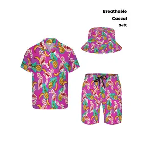 3pcs Men'S Hawaiian Shirt And Short Set, Tropical Pineapple Banana Flamingo Soft Fabric Breathable Shirt Button Short Sleeve Casual Beach Shirts Outfits With Bucket Hats