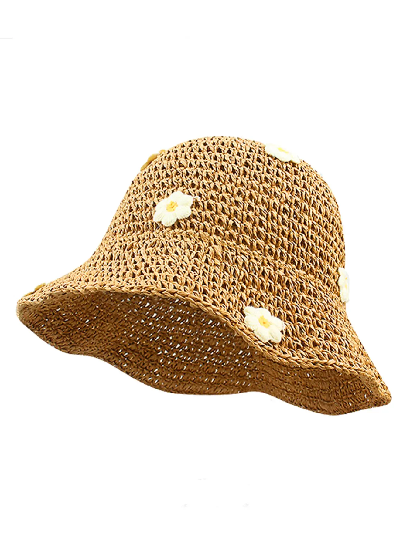 Women's Handmade Crochet Straw Hat, Summer Floral Beach Sunshade Hat, Sun Outdoor Bucket Hat, Foldable UV Protection, Perfect for Outing, 1 Piece