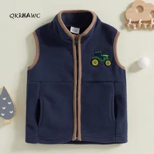Boys Autumn Casual Vest Coat Sleeveless Stand Collar Zip Up Tractor Embroidery Fleece Vest Jacket
