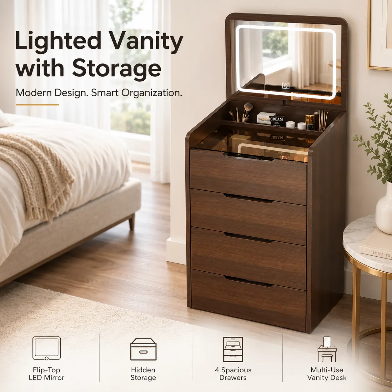 Super Vanity Desk with Flip Top Mirror 60cm Makeup Vanity Set Walnut Dressing Table with Glass Desktop 3 Drawers Small Compact Beauty Desk for Bedroom Apartment Dorm Makeup Table Storage Organizer Bedroom Furniture hidden