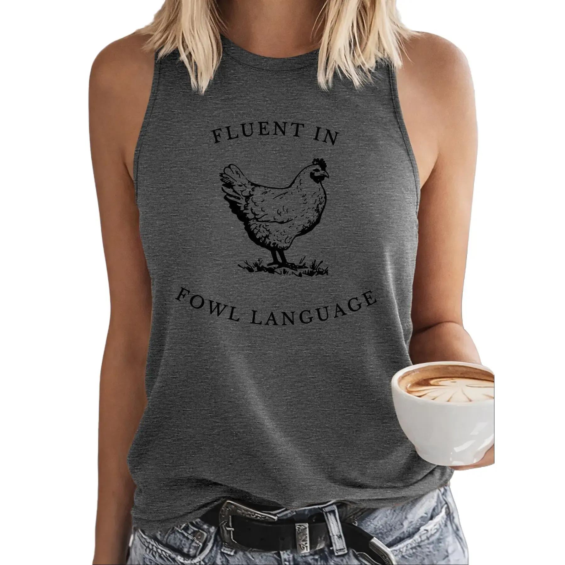 Women's Vintage Hen Print Sleeveless Top - Funny Chicken Poultry Blouseable Shirt, Loose Fit Round Neck Farm Style Suitable for Parties, Daily Wear & Commute, Machine Washable Summer Outfits