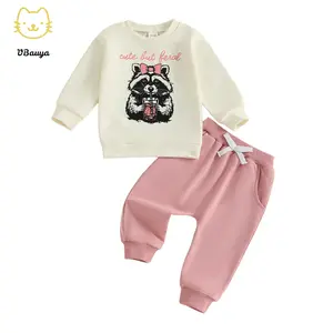 Toddler Baby Girl Fall Outfits Raccoon Letter Print Crew Neck Long Sleeve Sweatshirt with Pants 2 Pcs Set