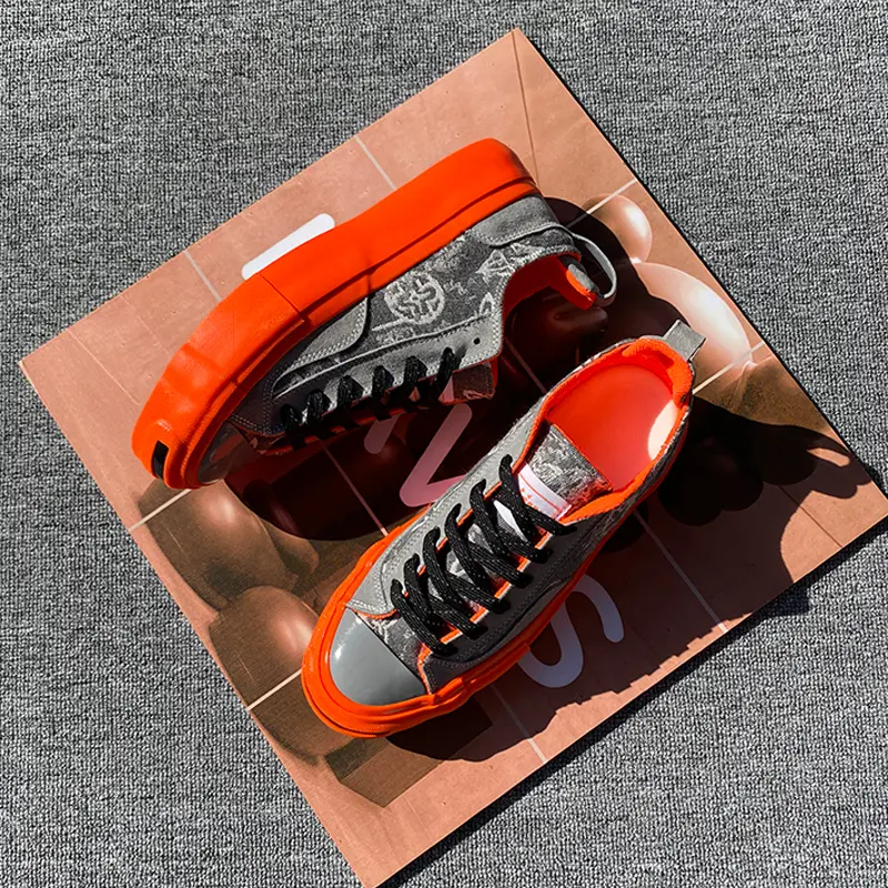 Chunky Canvas Skater Sneakers for Men & Women, Grey & Orange Retro Streetwear Shoes with a Thick Platform Sole & Rope Laces, Sneaker, Preppy, Braid, Retro Style, Skate Style, Walking Shoes, Round Toe, Casual, All Season, 23 Vibe, All Day Wear, Footwear, T