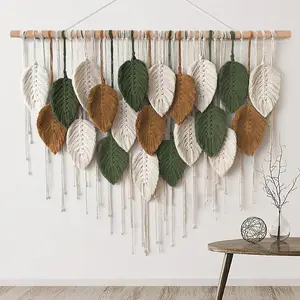 Large Macrame Wall Hanging Boho Woven Tapestry, Chic Home Decor Modern Bohemian Handmade Leaf Feather Wall Art Decorations for Apartment Dorm Living Room Bedroom Nursery Backdrop 39"W X 29.5"L