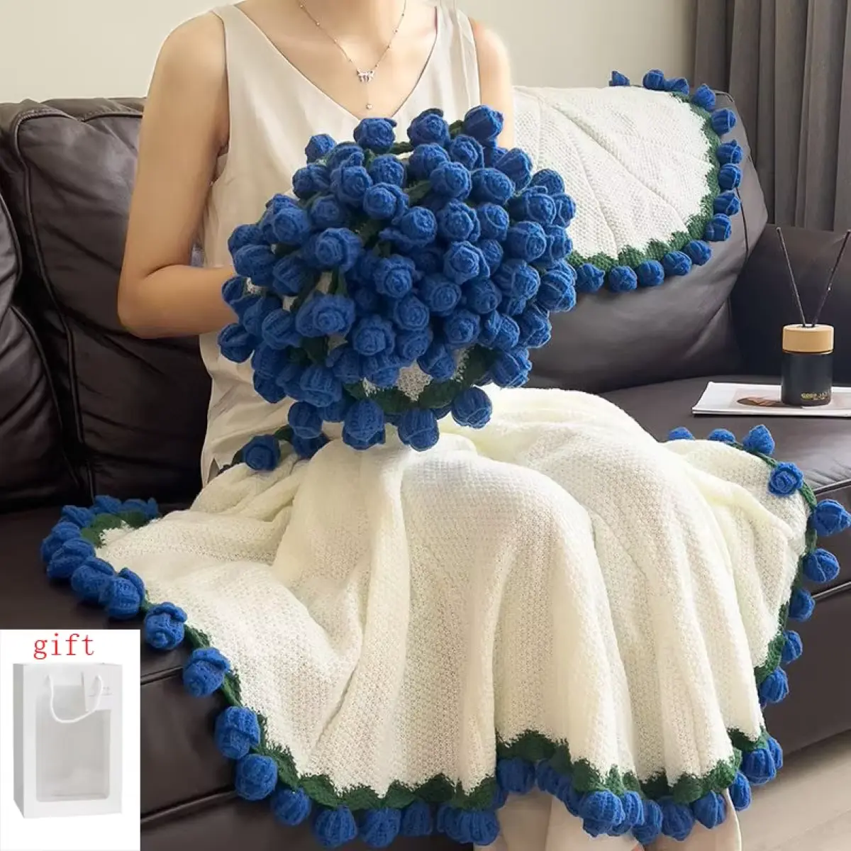 1Pc Handmade Crochet Rose Blanket Bouquet with Gift Bag, Warm Throw Blanket, Creative Festive Gift for Girlfriends & Family Members
