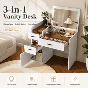 Super Vanity Desk with Flip Top Mirror 3 in 1 White Makeup Vanity Table Glass Top Compact Dressing Table with Hidden Storage 3 Drawers Cabinet for Bedroom Apartment Small Space Makeup Organizer Bedroom Furniture