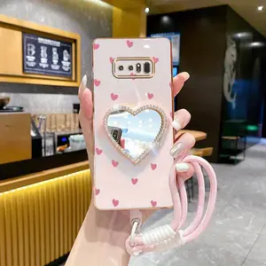 Note 8 Red Lucky Little Heart Plating Knitting Strap Lanyard Mirror Phone Holder Case with Shockproof Cover Compatible with For Samsung Galaxy Note 8