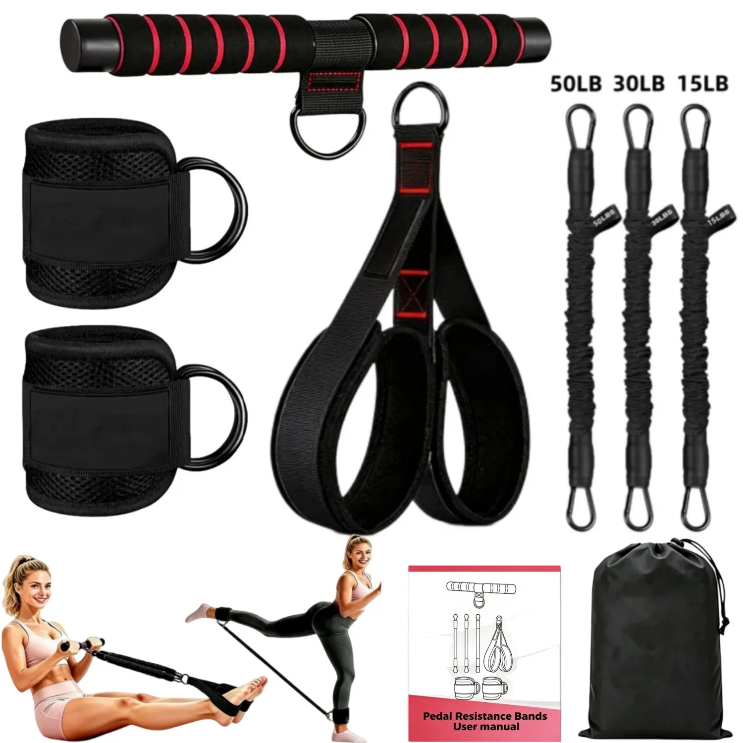 Adjustable Fitness Ankle Cuffs Set for Legs & Core Resistance Workouts, 15/30/50 LB Weight Training Gear with Foam-Padded Handles, Foot Pedals, Training Tubes, Door Anchor, Safety Sleeve, Storage Bag for Beginners, Men, Women