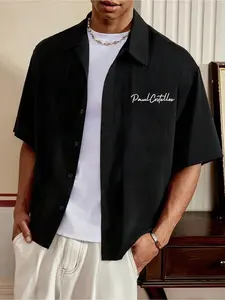 Men's Simple Cuban Collar Short Shirt, Pure Base, Loose Fit, Paul Costelloe Handwriting Print, Soft Drape Fabric, Casual Streetwear