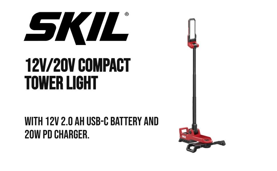 SKIL 12V/20V Compact Tower Cordless LED Work Light Kit Set - Powerful Light, Portable Lighting, Rechargeable Emergency Worklight with 12V 2.0 AH Battery, 20W PD Rapid Charging USB-C Charger, Wall Mount Compatibility, LED Chips, Portable Rechargeable Light SKIL 12V/20V Compact Tower Cordless LED Work Light Kit Set - Powerful Light, Portable Lighting, Rechargeable Emergency Worklight with 12V 2.0 AH Battery, 20W PD Rapid Charging USB-C Charger, Wall Mount Compatibility, LED Chips, Portable Rechargeable Light