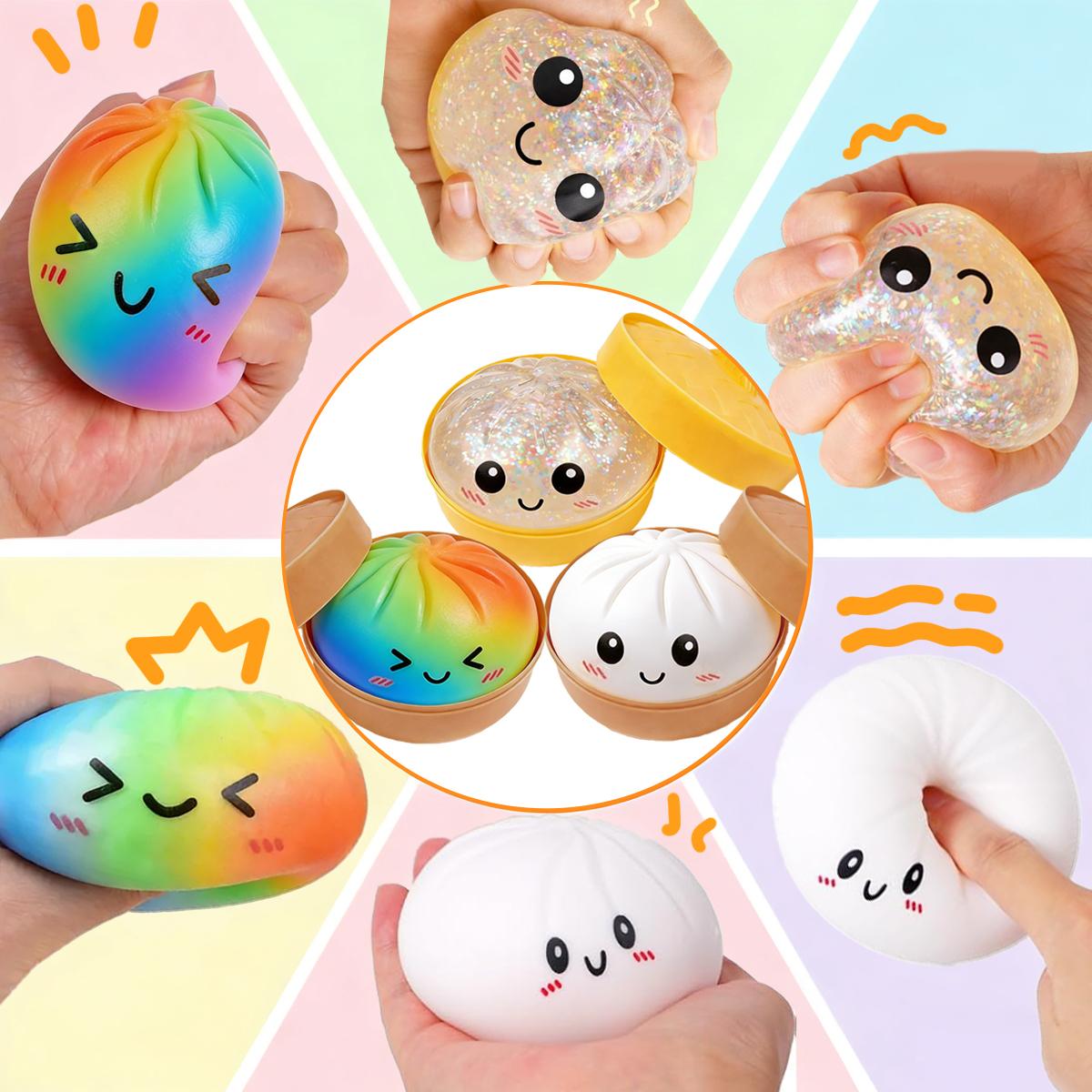 Dumpling Squishy Packs  Cute glitter dumpling squishies in a mystery box! Perfect stress relief fidget toys with fun surprises inside. Sparkly, squishy, and adorable great for anxiety relief and sensory play!