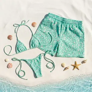 [HOT SUMMER 2026] Mint Teal Leopard Matching Couple Swimwear Set – Bikini Set & Men’s Trunks Set, Romantic Beach Outfit, Honeymoon Gift for Couples