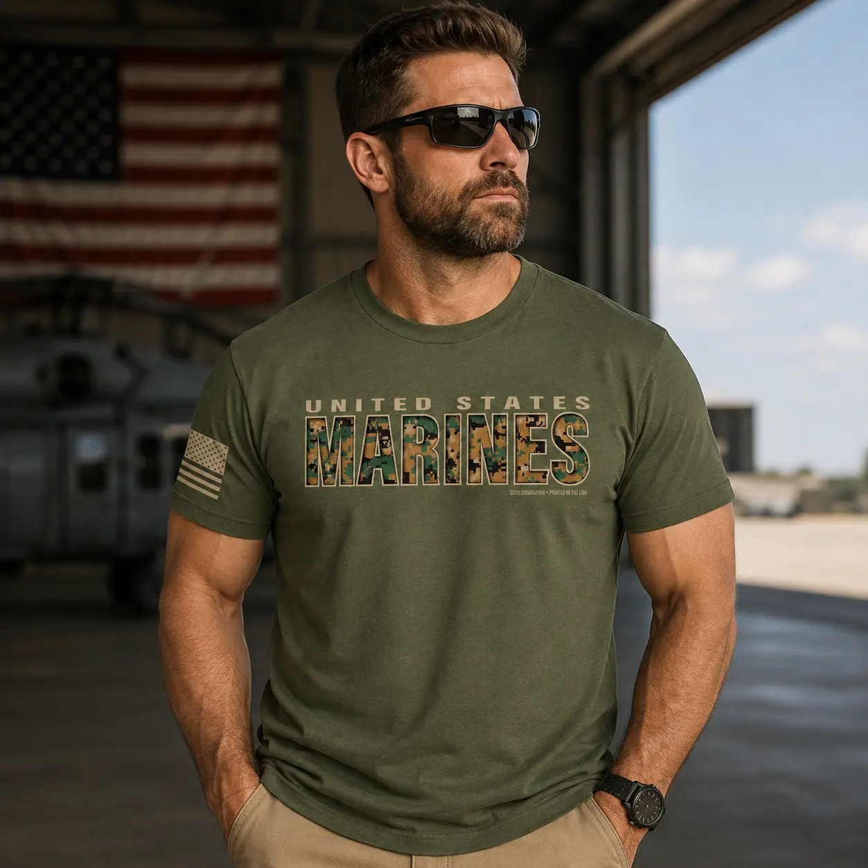 US Marines Camouflage Letters T-Shirt, Patriotic Military Logo Graphic, Marine Corps Veteran Streetwear, Casual Short Sleeve Crewneck for Men