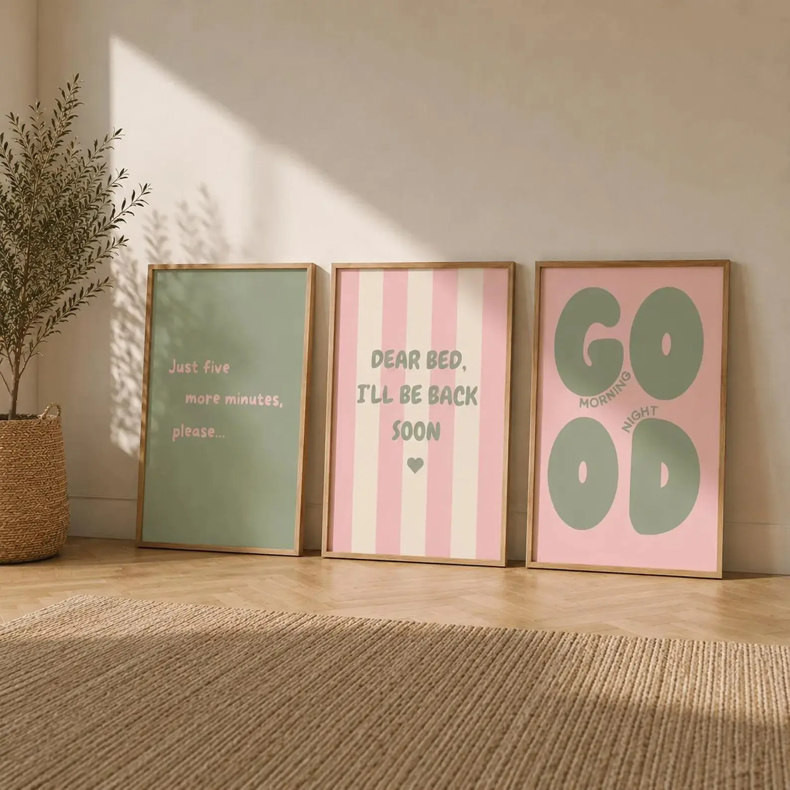 Funny Bedroom Unframed  Printable Set of 3 – Cozy Olive Green & Pink Quotes, Sleep Humor Posters, Aesthetic Room Decor, Instant