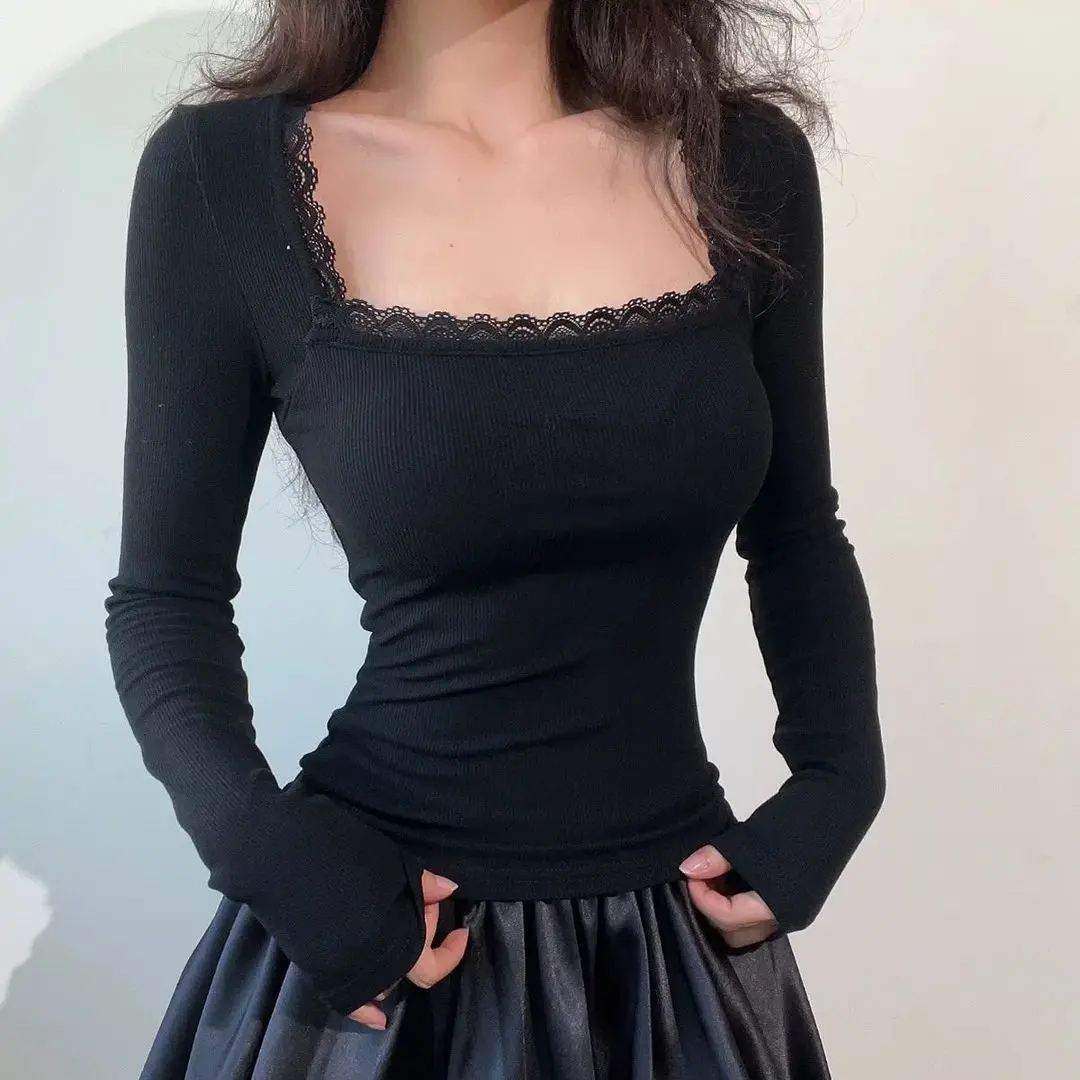 BF Women's Square Neck Lace Trim Ribbed Knit Top Long Sleeve Slim Fit Basic Tee Y2K Fitted Shirt
